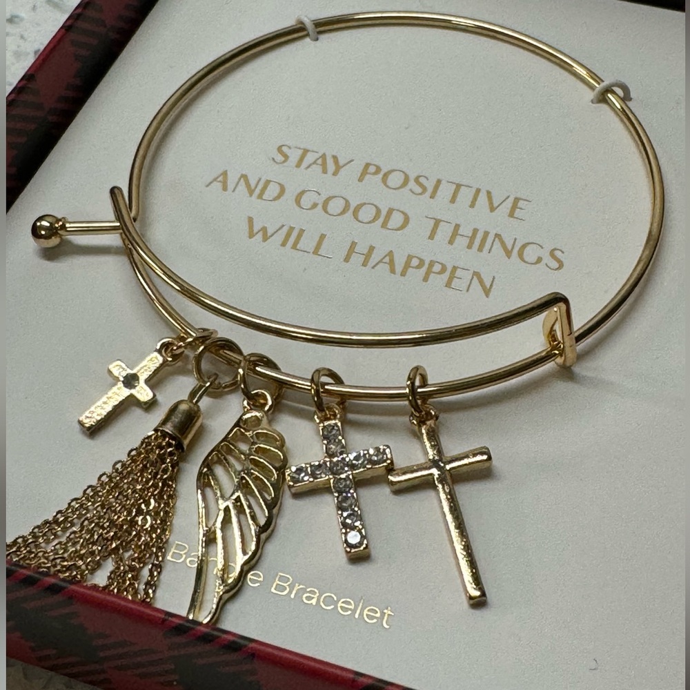 “STAY POSITIVE AND GOOD THINGS WILL HAPPEN” CHARM BANGLE BRACELET